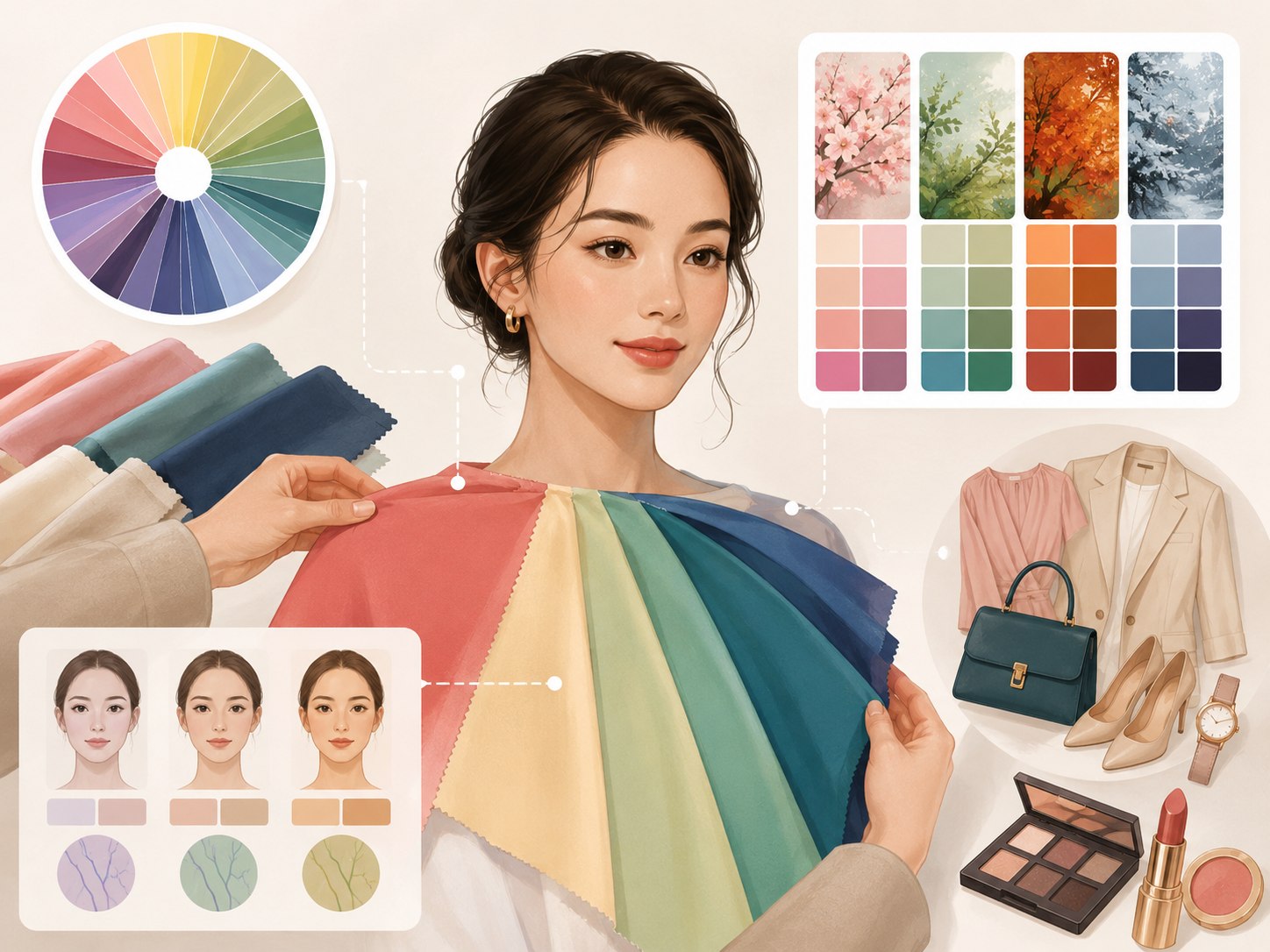 Illustration of a personal color analysis draping session